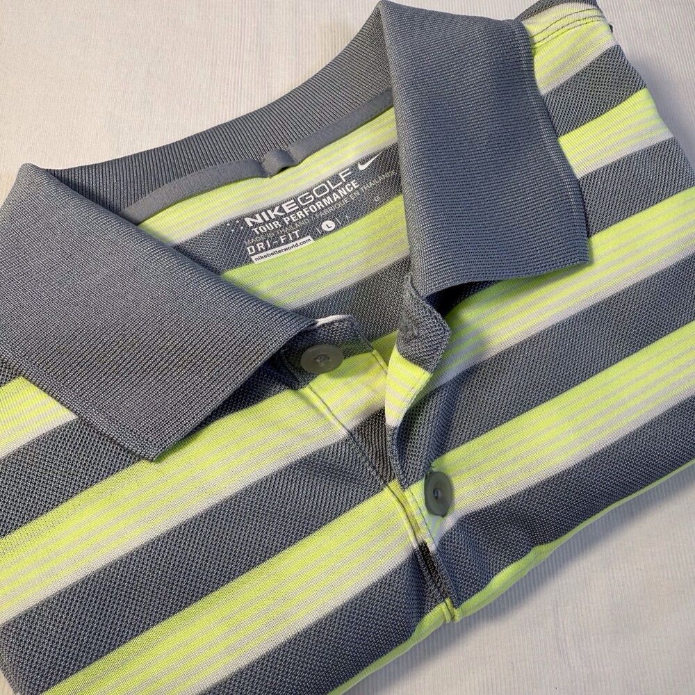 Nike Golf Tour Performance Polo‎ Shirt Sz L Short Sleeve Striped Gray Lime Green